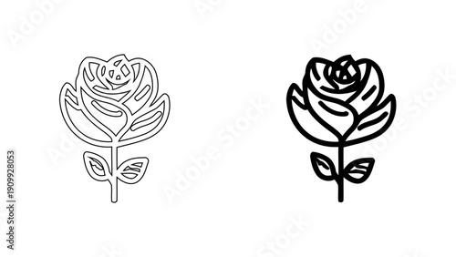 Blooming Rose Flower Icon for Romance and Wedding Decoration, Elegant Botanical Garden Flora Vector Illustration in Outline and Solid Glyph Style