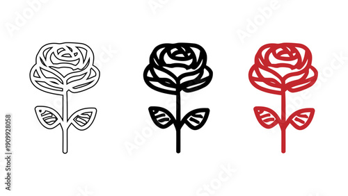 Red Rose Flower Icon for Romance and Wedding Decoration, Botanical Garden Flora Vector Illustration in Outline and Solid Glyph Style