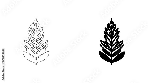 Botanical Fern Leaf Icon for Organic Branding and Seasonal Nature Decor, Detailed Coniferous Foliage Vector Illustration in Outline and Solid Glyph Style