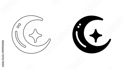 Crescent Moon and Shining Star Icon for Night Weather and Bedtime Sleep Cycle, Celestial Vector Illustration in Minimalist Outline and Glyph Style