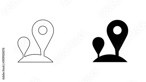 Map Pin Points on Hill Landscape for Multiple Destination Navigation, Location Marker Vector Illustration in Outline and Solid Glyph Style