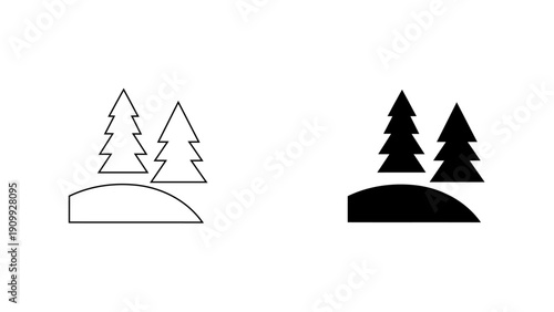 Pine Trees on Hill Icon Representing Forest Landscape and Nature Conservation, Coniferous Fir Tree Vector Illustration in Outline and Solid Glyph Style