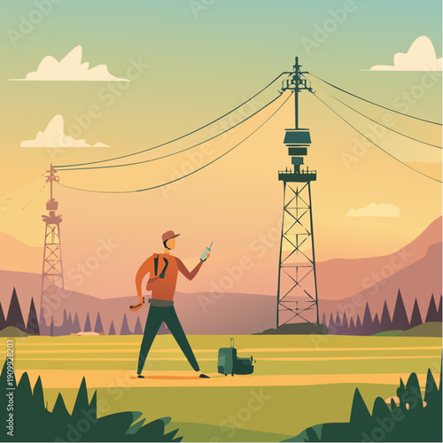 Field Engineer Inspecting Power Line Tower in Rural Landscape, Energy Infrastructure Concept