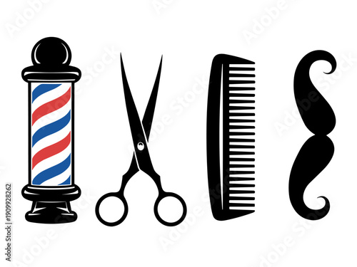 Classic barbershop elements icon set featuring a pole scissors comb and mustache.
