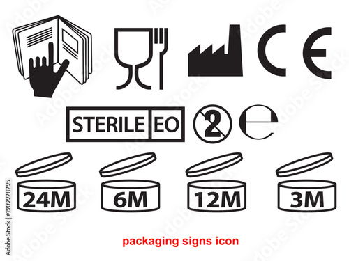 Set of black packaging signs and icons for product labeling.