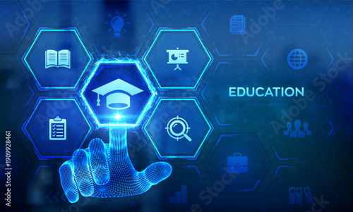 Education. Innovative online e-learning and internet technology concept. Webinar, knowledge, online training courses. Skill development. Wireframe hand touching digital interface. Vector illustration.