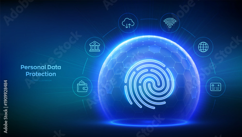 Personal data protection. Cyber security. Biometrics identification. Password control. Fingerprint icon inside transparent sphere shield with hexagon pattern on blue background. Vector illustration.