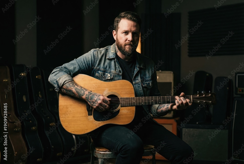 Obraz premium A portrait of a bearded musician with tattoos on his arms, sitting with his acoustic guitar in a music studio.