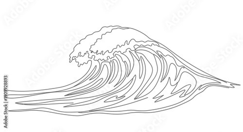 Stylized Breaking Ocean Wave Line Art Illustration, Vintage Engraved Style Water Surf Element, Marine Graphic Design Vector