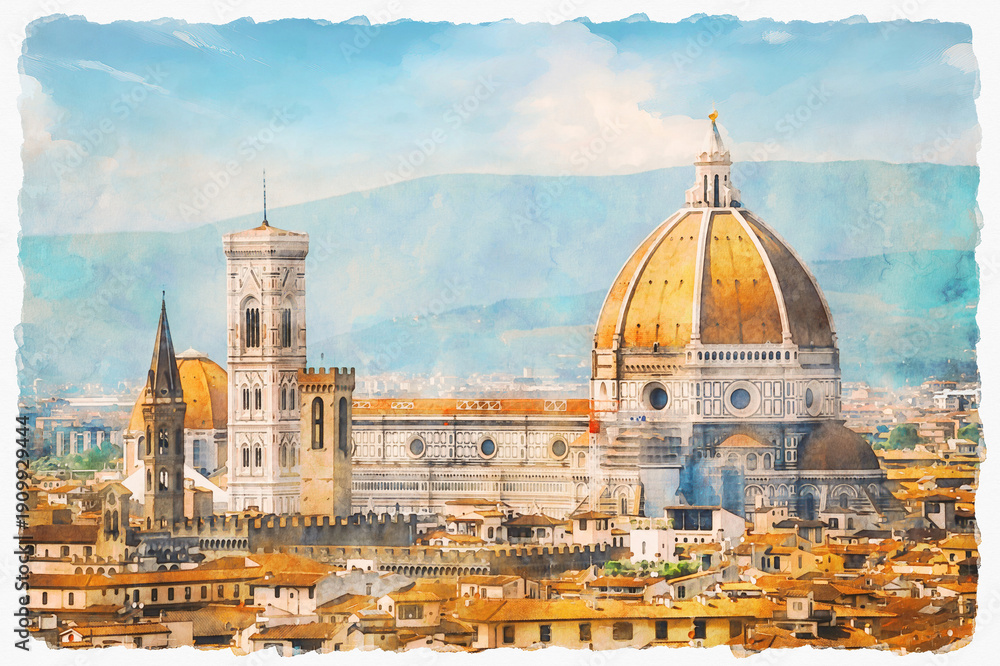 Fototapeta premium Cathedral of Santa Maria del Fiore, Florence, Italy. Panoramic view of the city center. Mountains in the background. Watercolor painting.