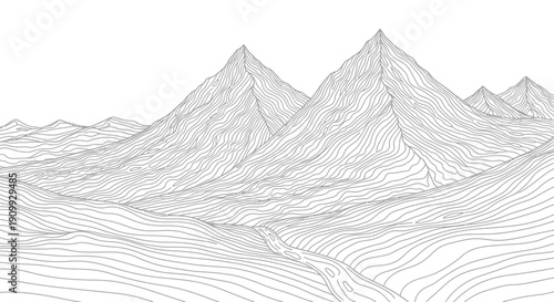 Abstract Geometric Mountain Landscape Line Art Illustration. Digital Topographic Contour Lines of Hills and Valley on White Background.
