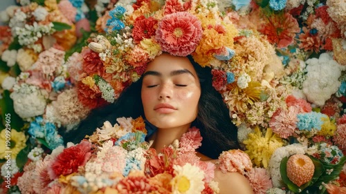 Ethereal beauty: woman crowned with lush blooms, peacefully resting within bed of vibrant garden petals.