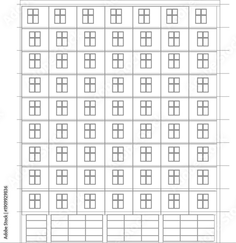 Architectural elevation drawing of a modern multi-story residential building with repetitive balconies, white line art style.