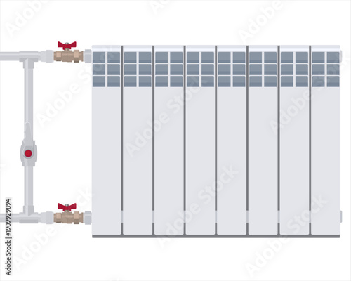 Central heating radiator panel for indoor heating system. Radiator ball valves. Butterfly ball valve. Realistic vector illustration flat design.