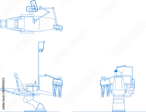 Technical vector drawing showing top, side, and front views of a modern dental chair and equipment in blue line art style.
