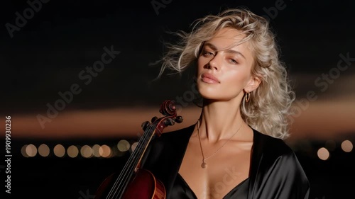 A fair-haired woman, elegant in black, holds a violin against a bokeh background