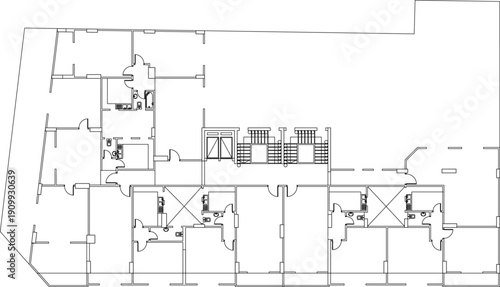 A technical collection of architectural drawings including detailed floor plans, cross-sections of building layouts, and interior design schematics.