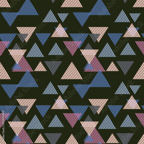 Seamless pattern with triangle decoranive art print. Polygonal rainbow mosaic background. Abstract vector illustration. Triangular graphic Simple pattern geometric design for fabric, wallpaper.