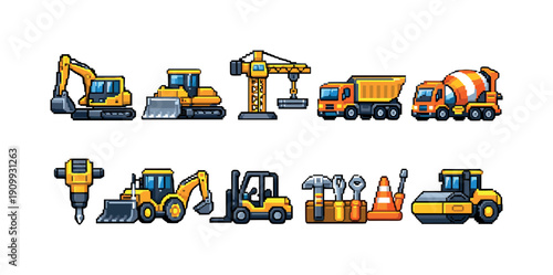 Construction and equipment icon set. heavy machinery and tools icons, flat style