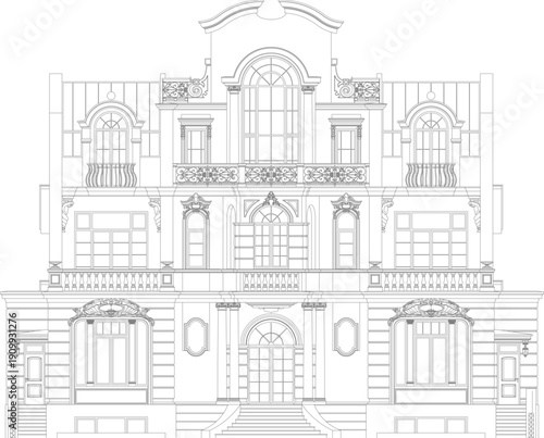 Vector technical drawings of classical architectural ornaments including ornate urns, decorative pediments, floral moldings, and cornice profiles