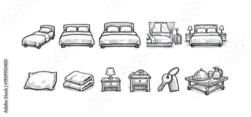 Hotel and hospitality outline icon set. bed, pillow, key, service, hospitality icons