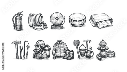 Fire safety silhouette icon set. equipment, emergency tools collection for safety planning