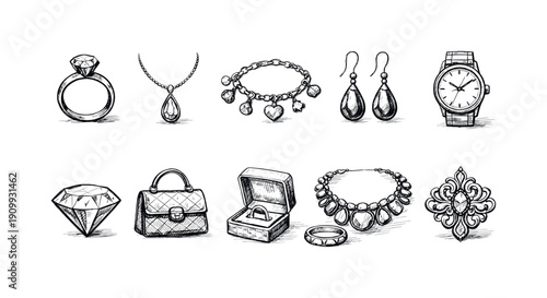 Jewelry and accessories silhouette icon set. elegant necklace, earring icons collection