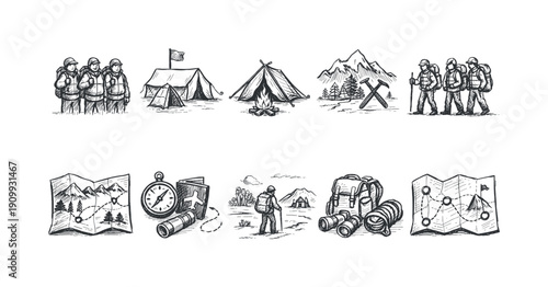 Camping, hiking outline icon set. adventure, outdoor activity icons collection.