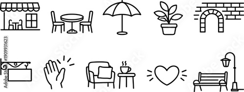 Collection of simple line art icons representing outdoor cafe elements and leisure activities