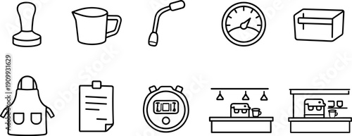 Collection of hand-drawn icons representing coffee shop equipment and tools
