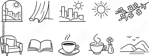 Collection of simple line art icons representing peaceful daily life and nature scenes