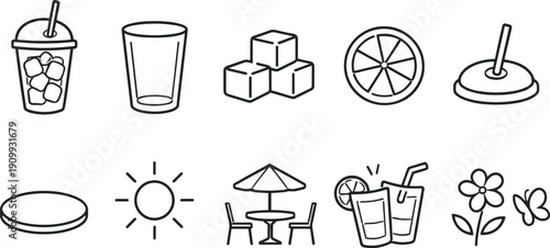 Collection of hand-drawn icons representing summer drinks, relaxation, and outdoor activities