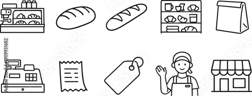 Collection of bakery icons including bread, display case, cashier, and shop