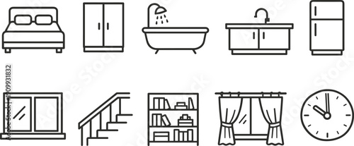 Collection of simple line art icons representing household furniture and objects