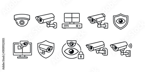 Security and surveillance line icon set. cctv, monitoring, protection icons collection.