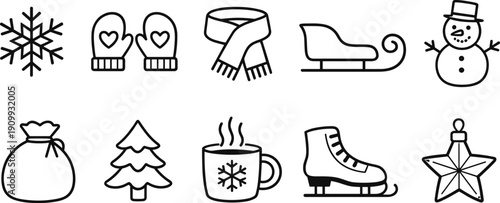 Collection of winter and Christmas icons in a simple line art style