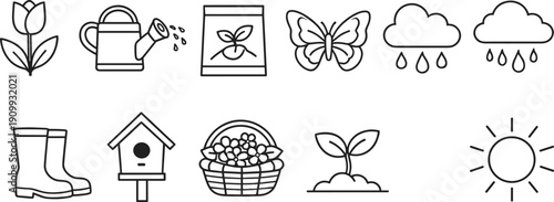 Spring gardening icons including tulip, watering can, seed packet, butterfly, rain, boots, birdhouse, basket, sprout, and sun