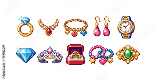 Jewelry, accessories 3d icon set. rings, necklaces, earrings, gems, watch collection