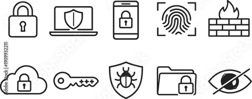 Collection of digital security and privacy icons including locks, fingerprint, and firewall