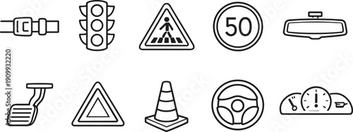 Collection of driving and traffic safety icons in a simple line art style