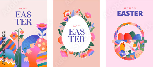 Floral Easter card templates in geometric folk style