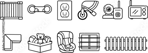 Collection of baby safety and nursery items icons for childproofing and care