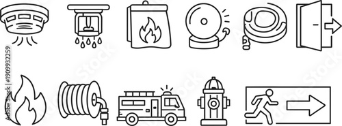 Collection of fire safety and emergency response icons in a clean line art style