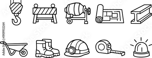 Collection of construction and building industry icons in a simple line art style