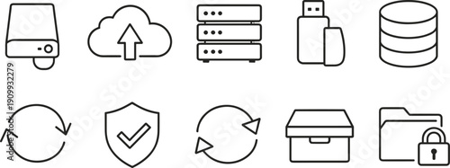 Collection of digital storage and data management icons in a clean line art style