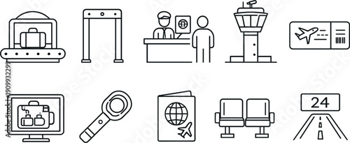 Airport security and travel icons collection for modern design and infographics