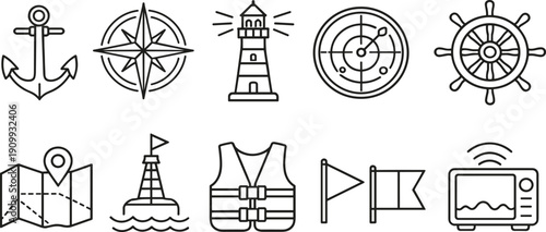 Nautical and marine navigation icons set with anchor, compass, lighthouse, radar, and ship wheel
