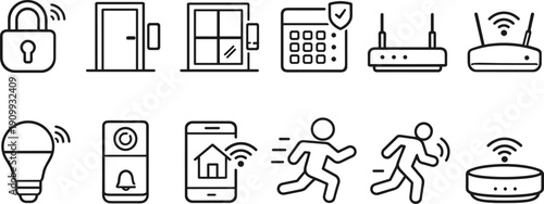 Smart home security and automation icons showing connected devices and security features