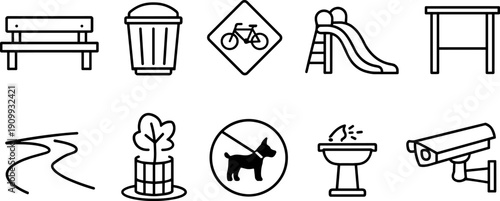 Collection of simple line icons representing public park amenities and features