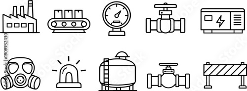 Industrial icons set: factory, conveyor, gauge, valves, generator, gas mask, siren, tank, barrier